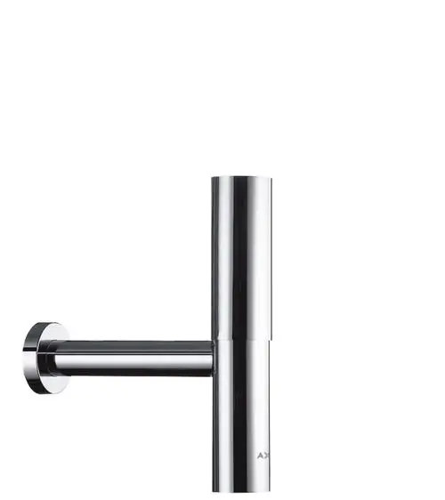 Chromfarbener Design-Siphon mit runder Form, montiert an einer Wand. Teil der Produktreihe von Hansgrohe.